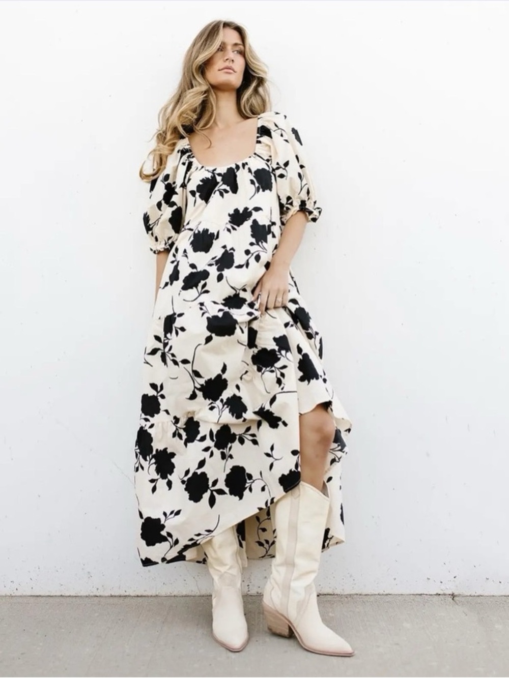 Sofie The Label Floral Black & Cream Midi Maxi Dress Cottagecore.             18